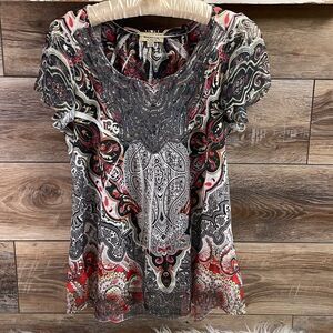 ONE WORLD Womens Sequined Trim Flutter Sleeve Paisley Blouse Petite Small Boho